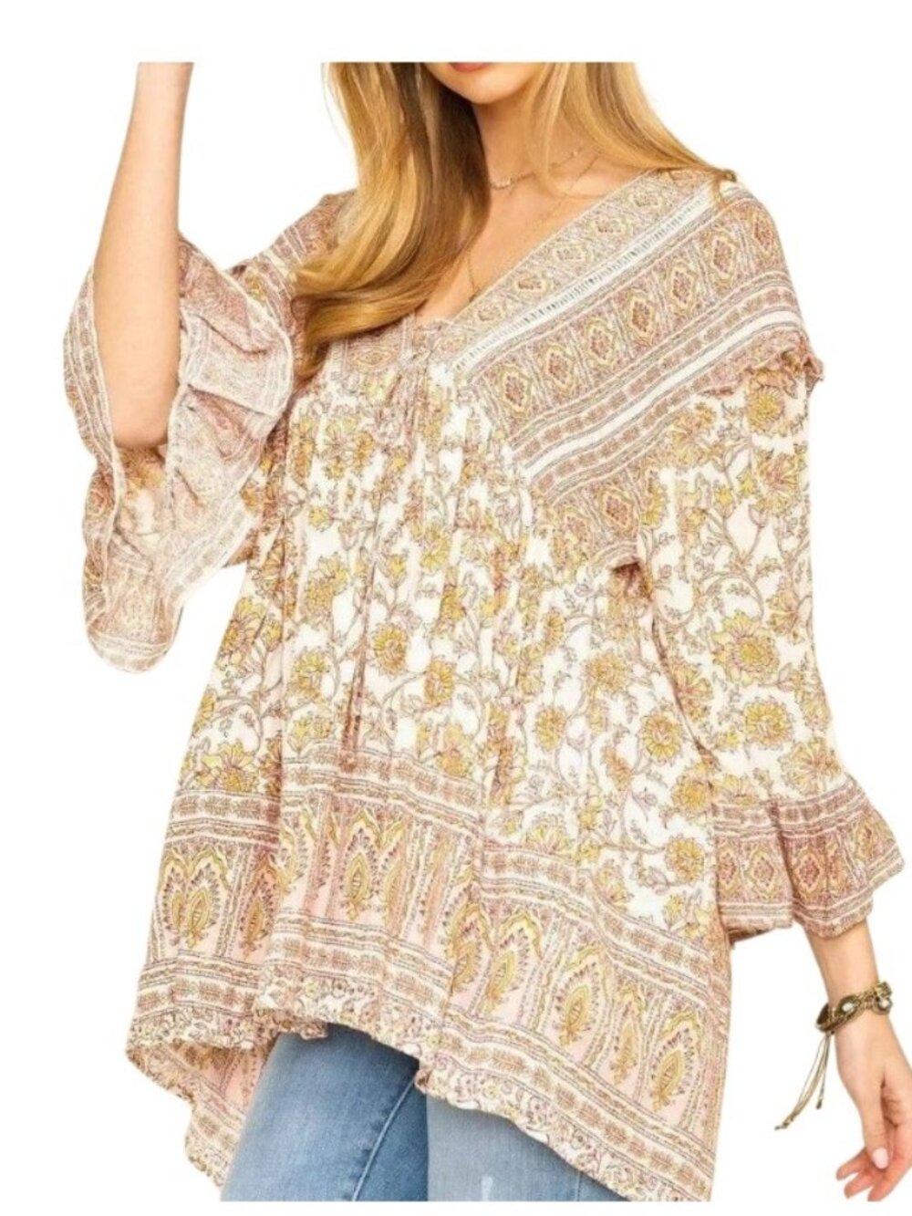 Free People Moonlight Dance Women's Printed Boho Tunic Top Ivory Combo Floral M